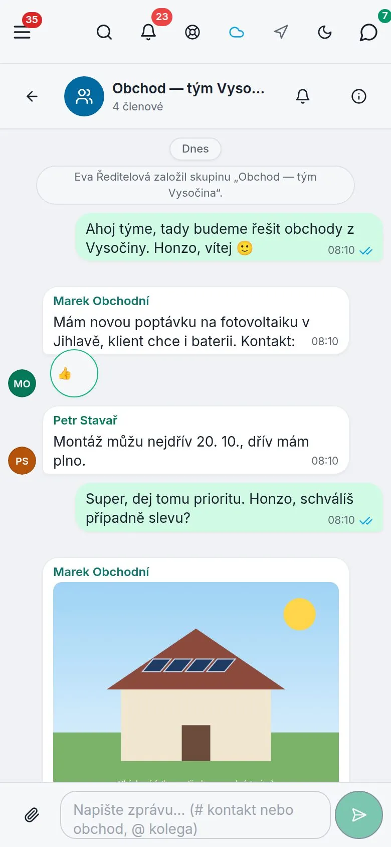 Snímek obrazovky Vindaria v telefonu: Chat v telefonu